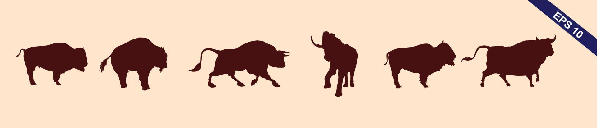 Bull set. Stylized silhouettes of standing in different poses and butting up bulls. Isolated on white background. Bull logo designs set. Vector illustration.