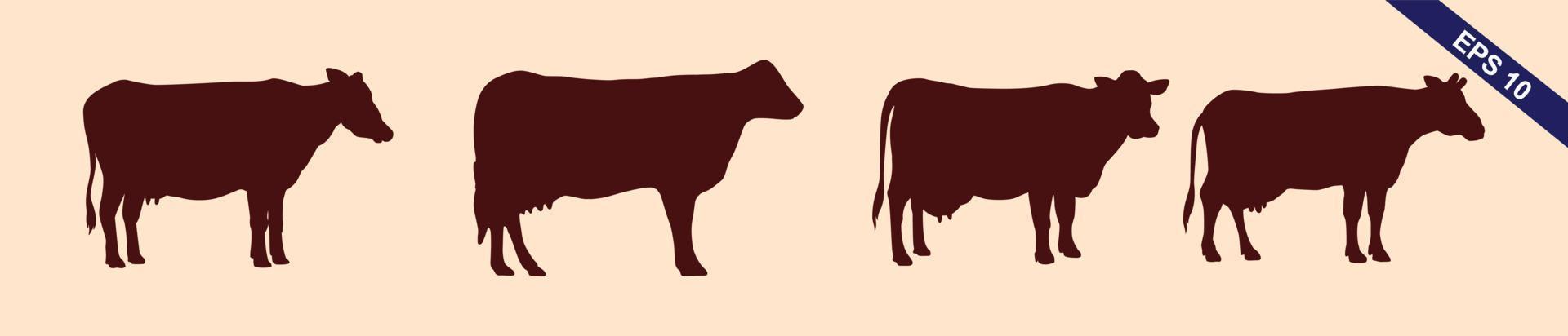 Bull set. Stylized silhouettes of standing in different poses and butting up bulls. Isolated on white background. Bull logo designs set. Vector illustration.