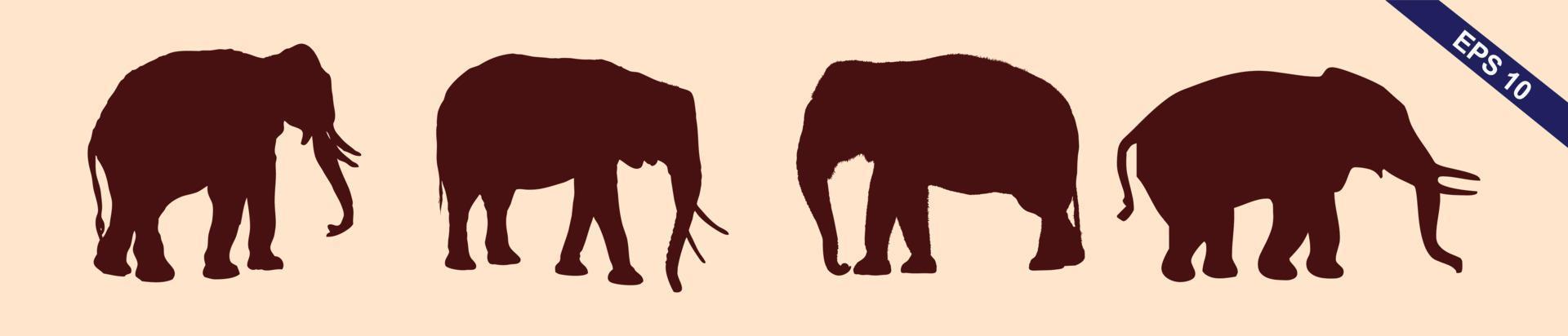 Set of editable vector silhouettes of African elephants in various poses