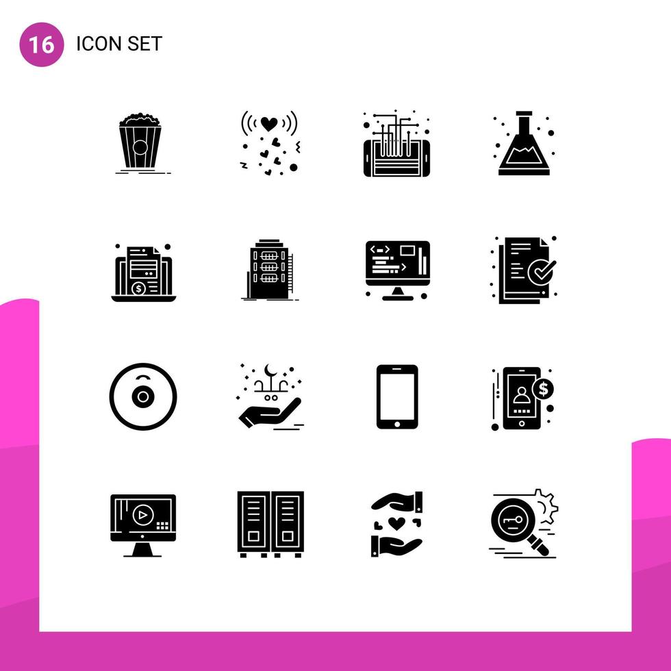 Universal Icon Symbols Group of 16 Modern Solid Glyphs of laptop chemistry circuit beaker smart Editable Vector Design Elements
