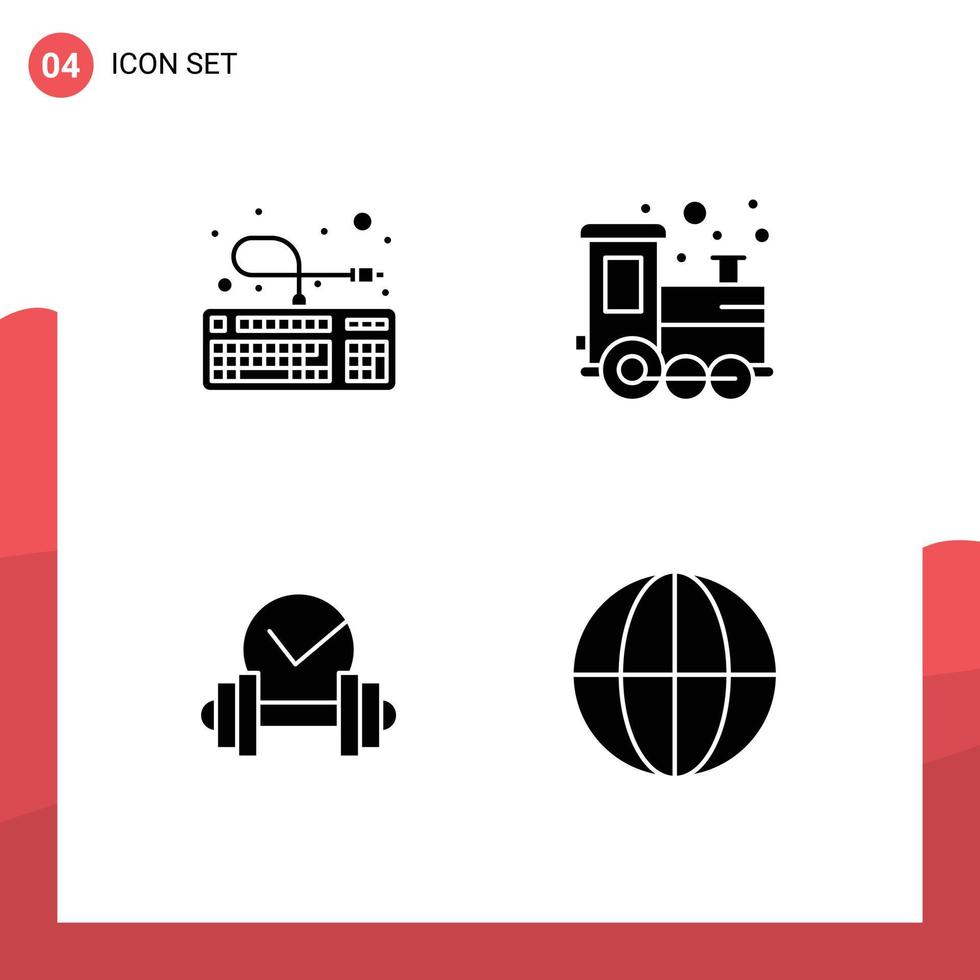 Pack of 4 Modern Solid Glyphs Signs and Symbols for Web Print Media such as computer healthcare connection train sport Editable Vector Design Elements