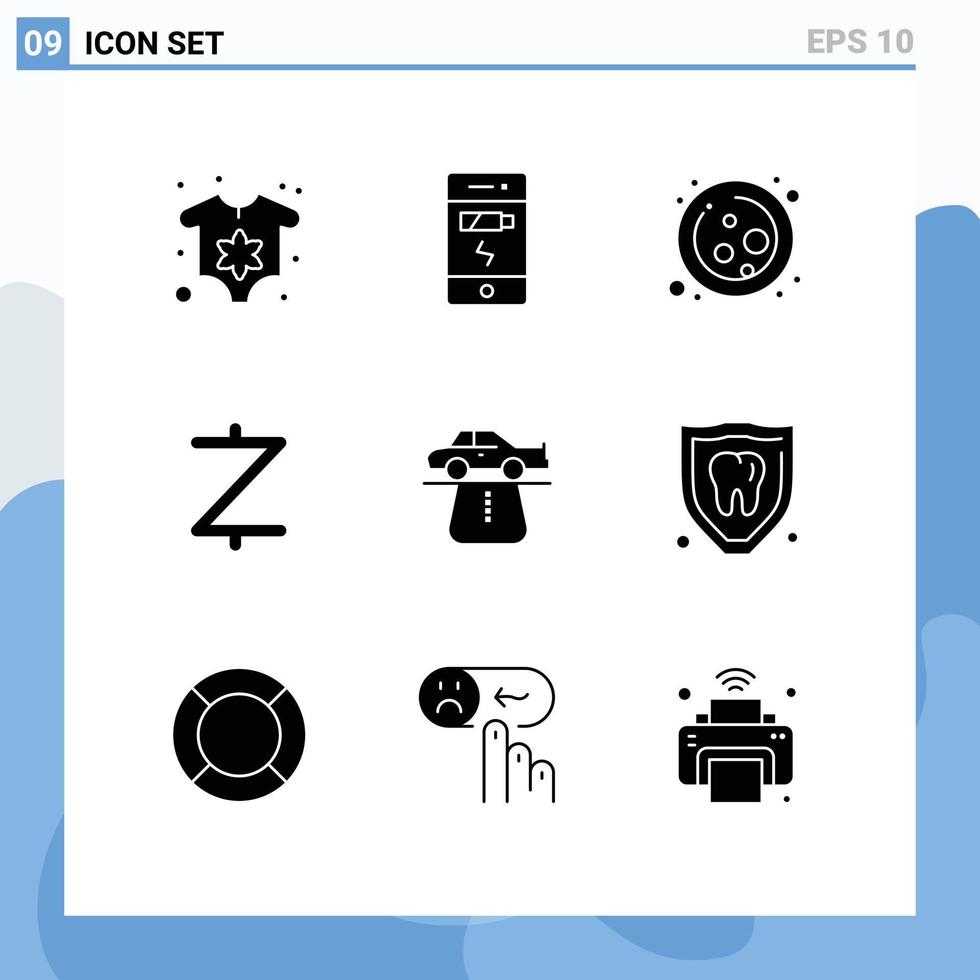 Pictogram Set of 9 Simple Solid Glyphs of car advantage molecule crypto currency coin Editable Vector Design Elements