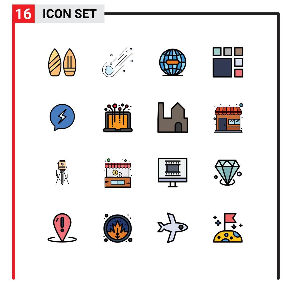 conjunto moderno de 16 líneas y símbolos rellenos de colores planos, como imagen de chat, marco de cometa, elementos de diseño de vectores creativos editables en Internet