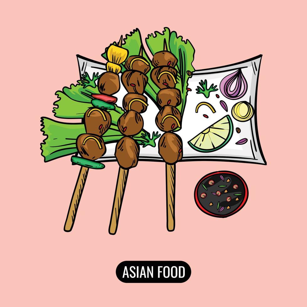 deliciosa comida asiática satay de pollo. ilustración vectorial premium vector