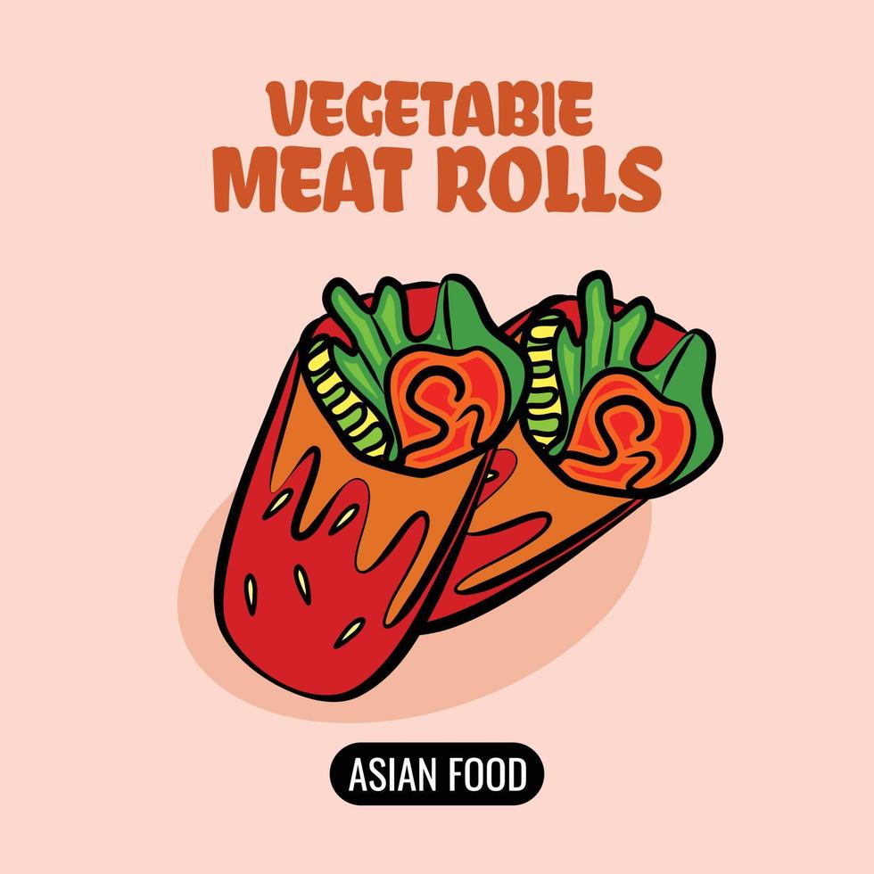 flat hand drawn vector on the theme of asian food Vegetable meat rolls
