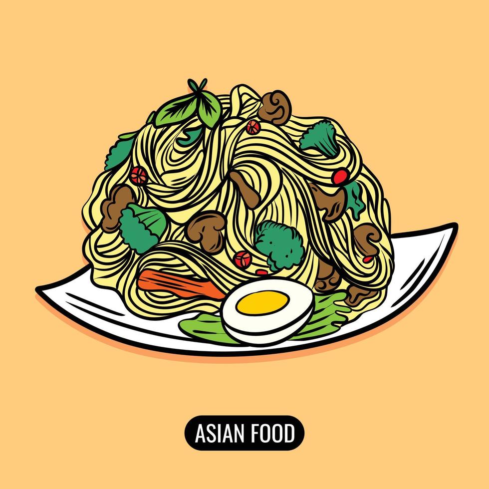 diseño plano vectorial con ilustración de comida fideos fritos con champiñones y verduras comida asiática vector