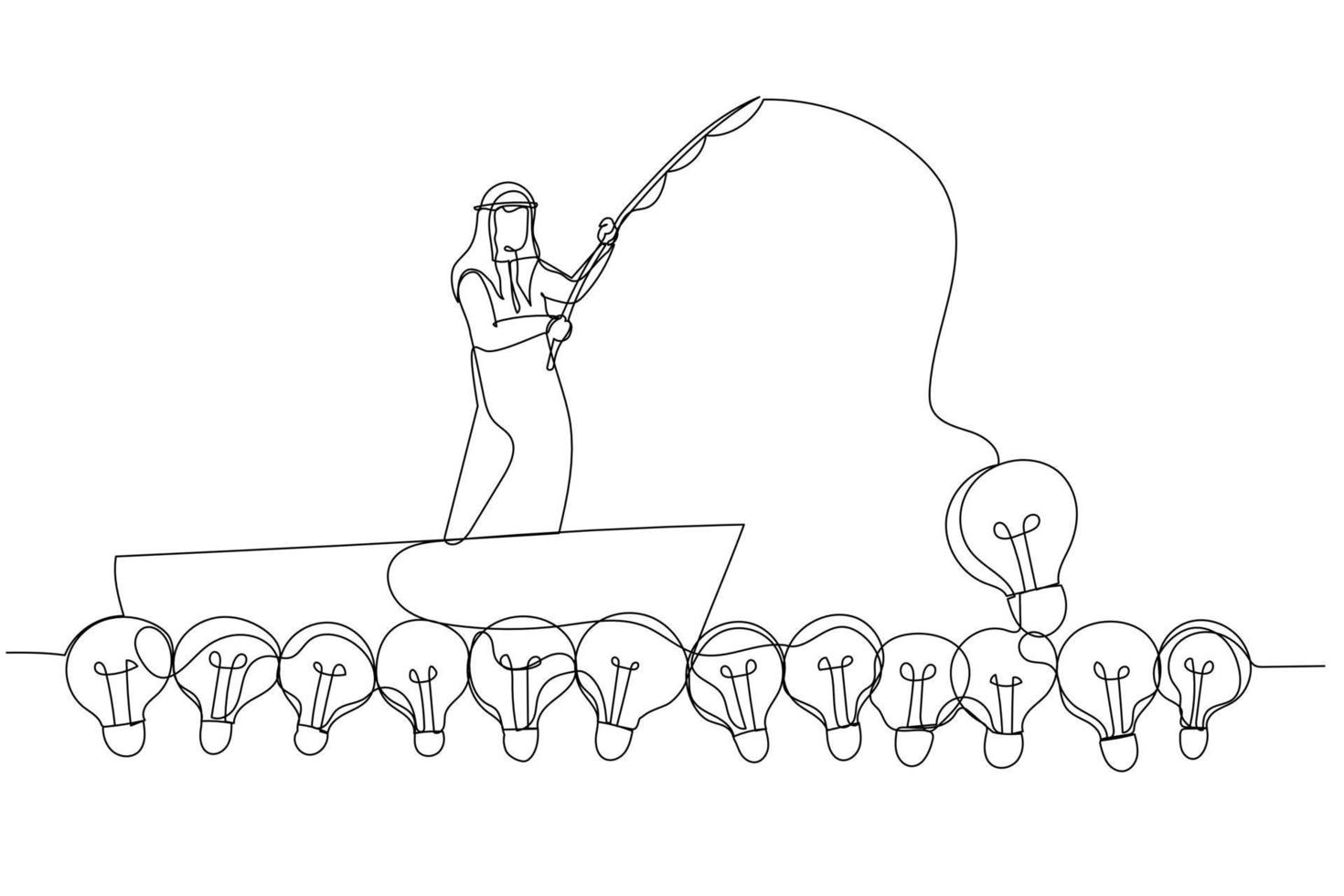 Drawing of arab businessman fishing lightbulb idea. Single line art style vector