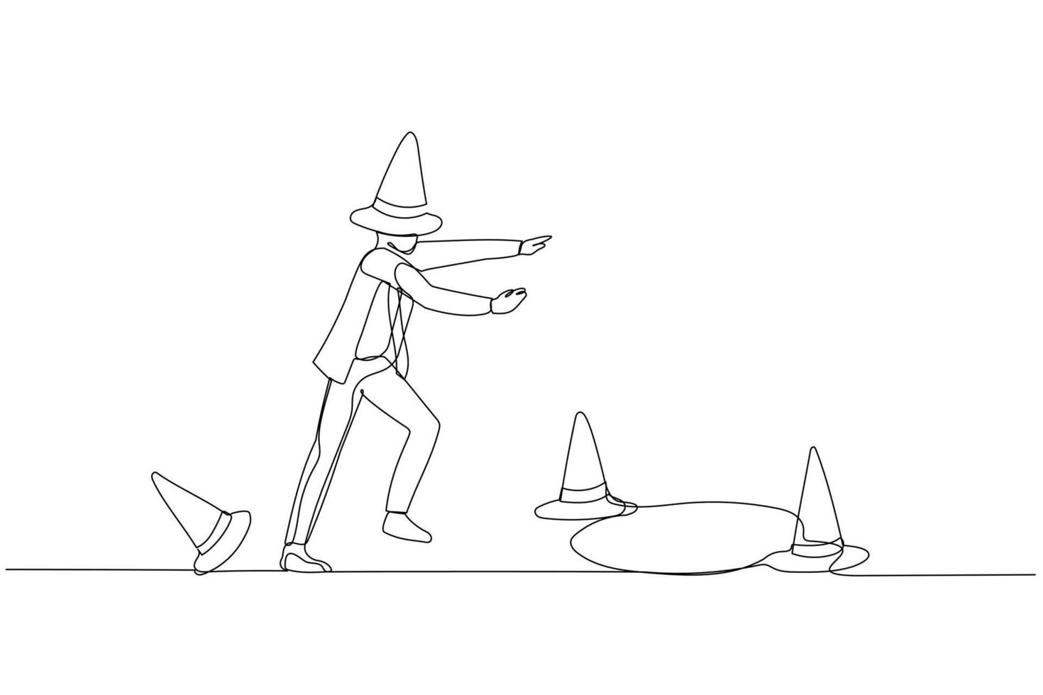 Drawing of blindfold businessman walking into trap hole concept of crisis ahead. Continuous line art style vector