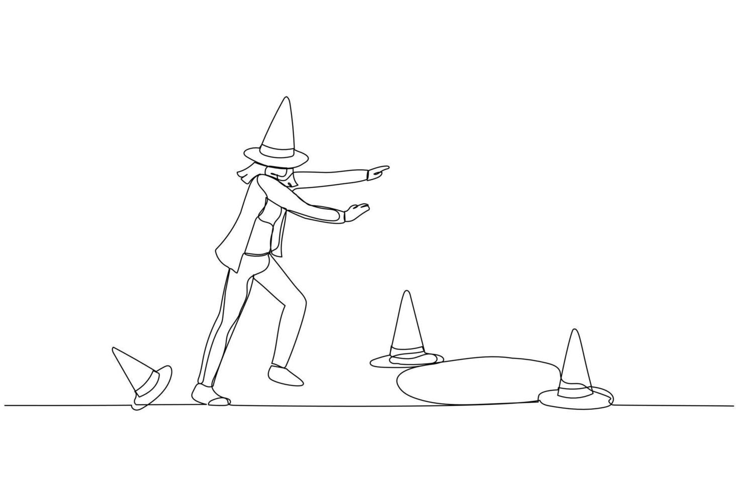 Cartoon of blindfold business woman walking into trap hole concept of crisis ahead. Single continuous line art vector