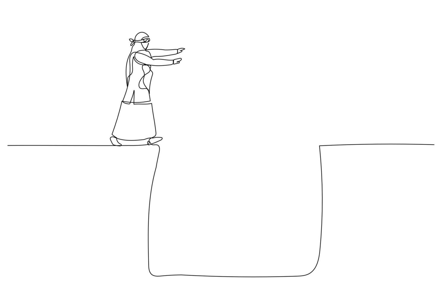 Illustration of blindfolded muslim business woman walking into deep hole concept of uncertainty in business. Continuous line art style vector