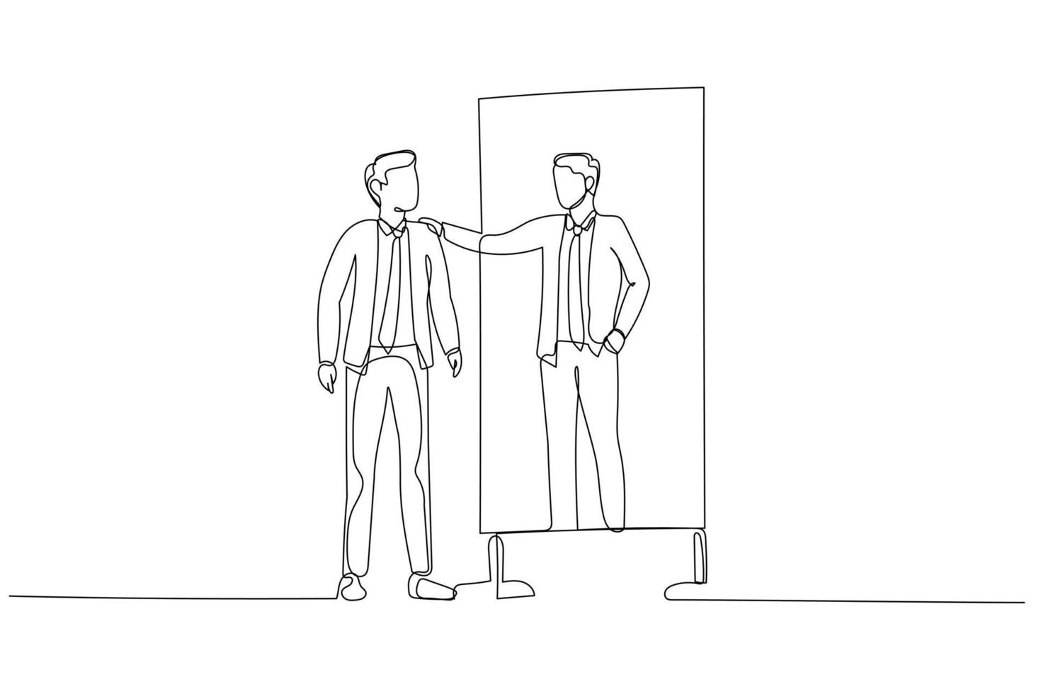 Illustration of businessman looking into mirror embrace self concept of self esteem self care. Single line art style vector
