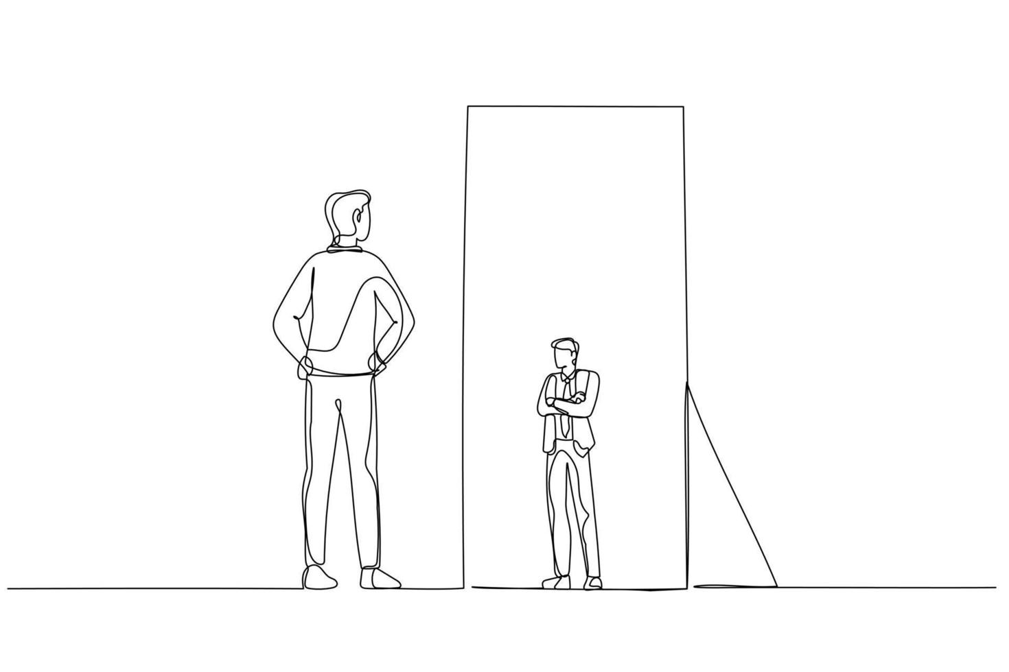 Cartoon of businessman looking at the mirror seeing timid mini version of self. One line art style vector