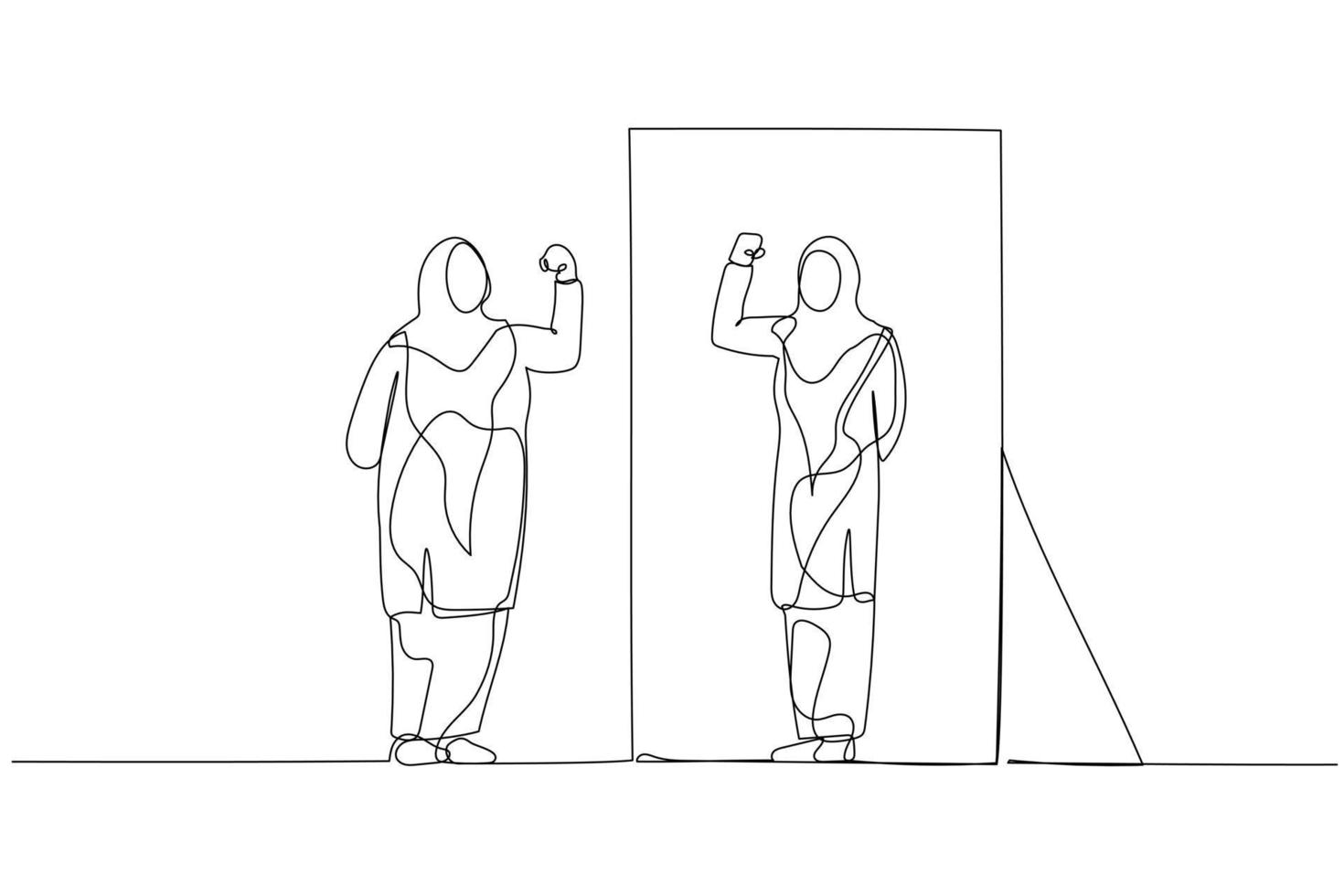 Cartoon of fat woman wear hijab looking into mirror seeing fit lean healthy version. Single continuous line art vector