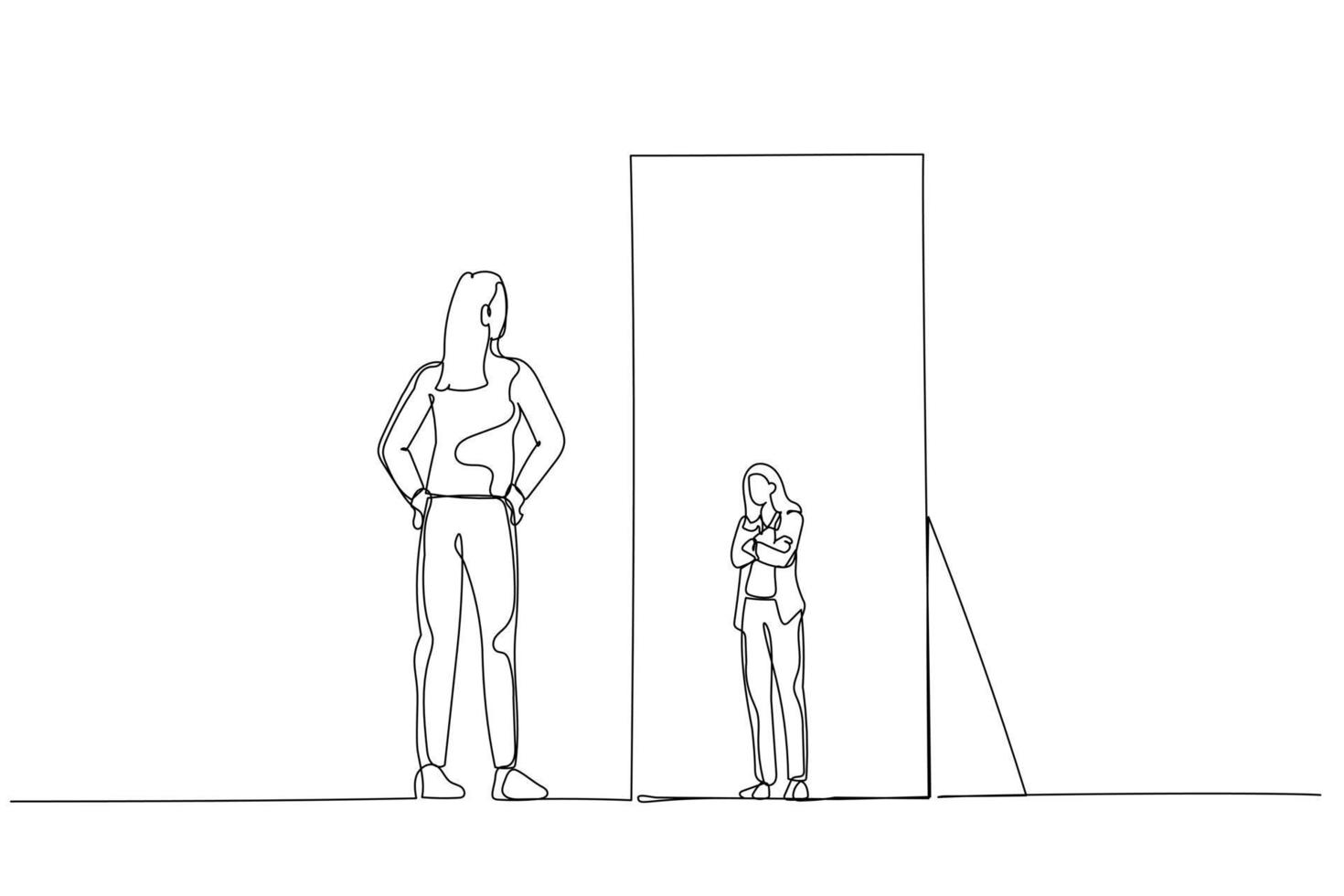 Illustration of business woman looking at the mirror seeing timid mini version of self. Single continuous line art style vector