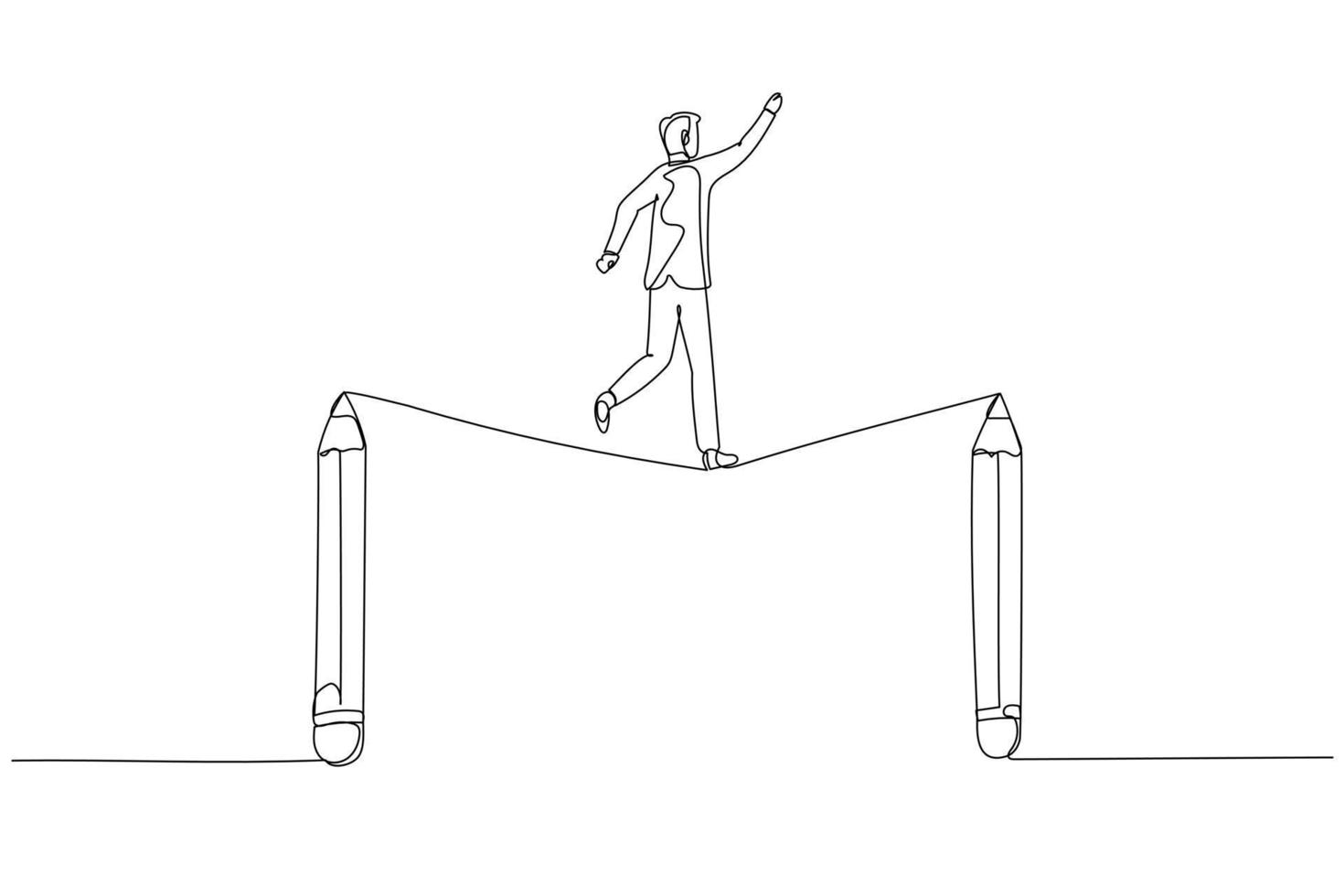 Drawing of businessman walk tightrope between pencils concept of struggle in creativity. Continuous line art style vector