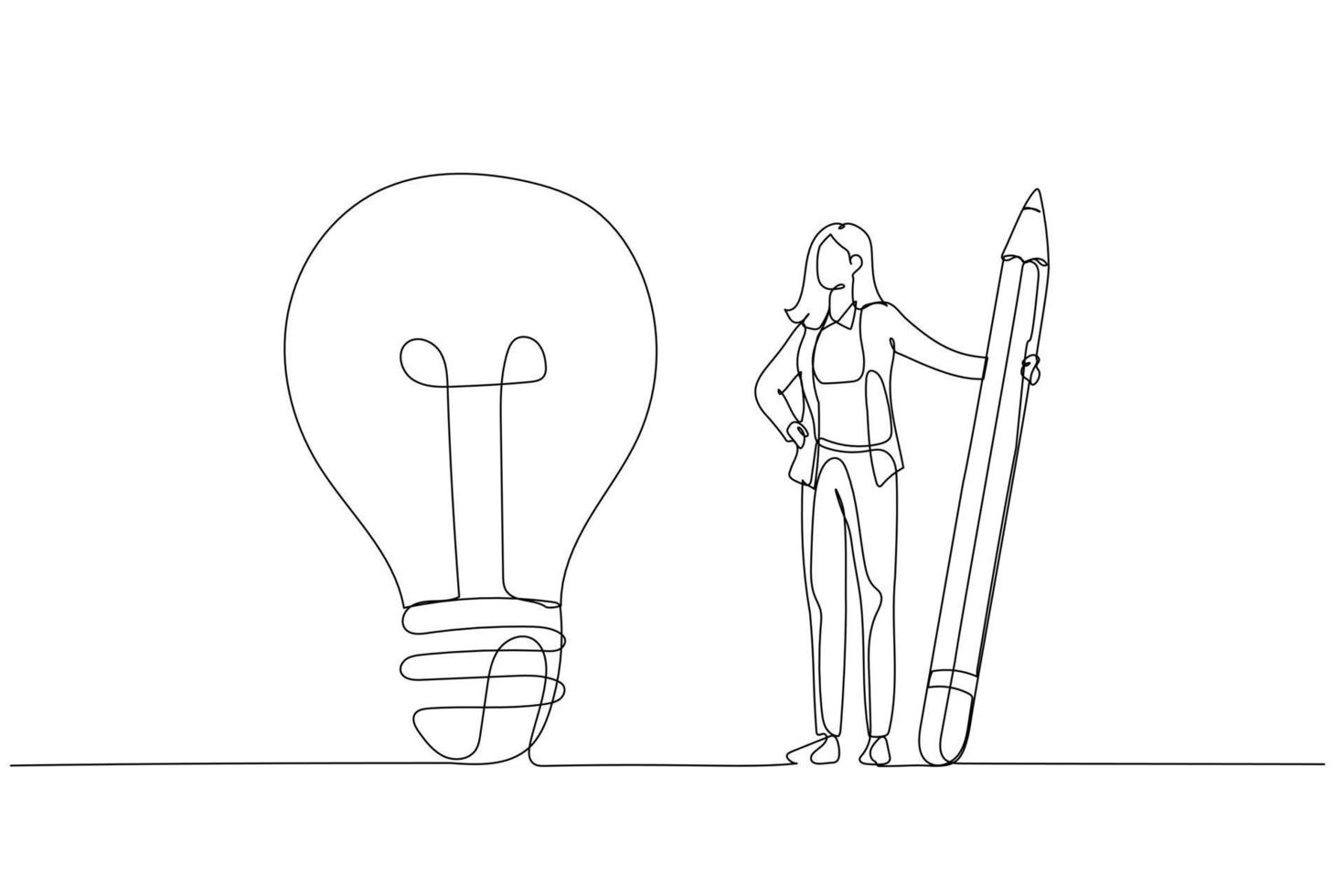 Cartoon of businesswoman use pencil to connect the dots and create the idea bulb concept of business understanding. Single line art style vector