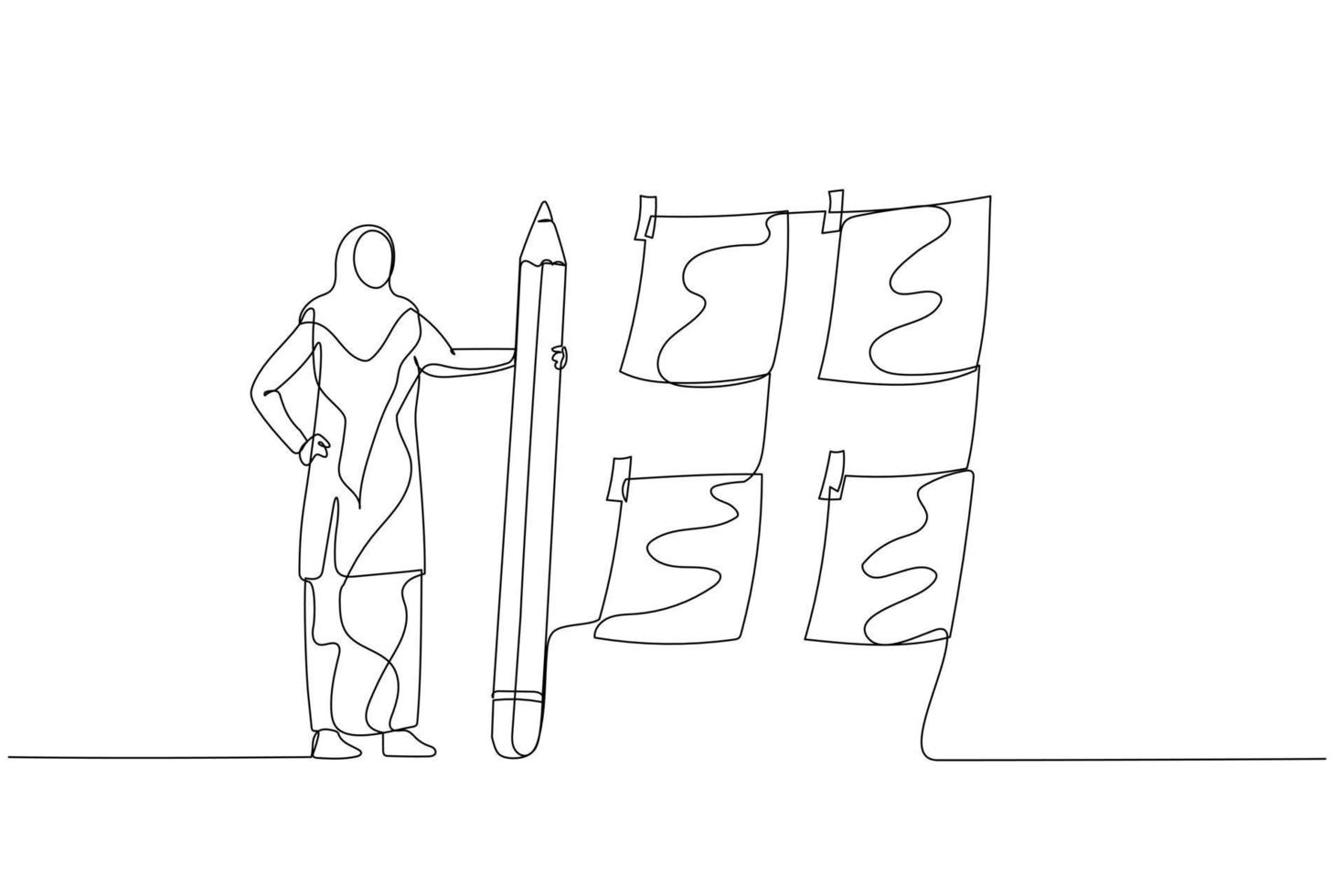 Drawing of muslim woman with pencil sort sticky notes concept of prioritize work. One line art style vector