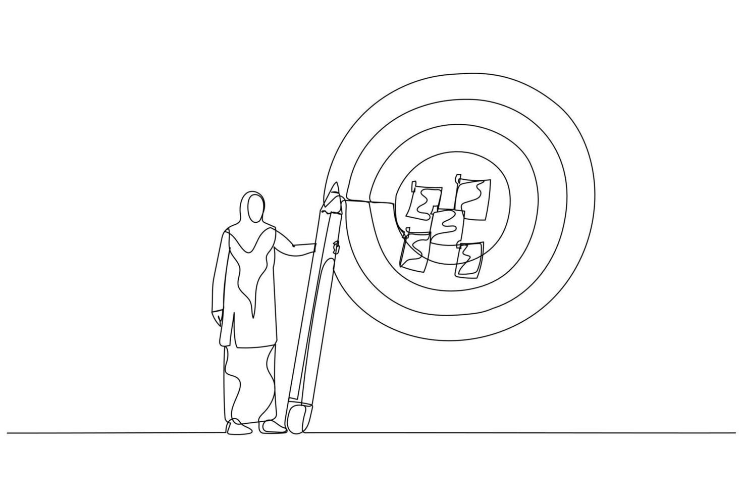 Illustration of muslim woman write down goal on notes and put on big dartboard concept of target setting. Continuous line art style vector
