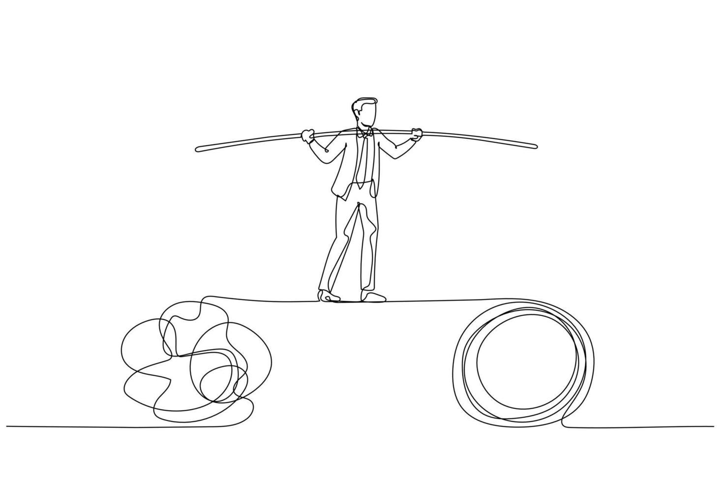 Cartoon of businessman walk on tight rope balancing between problem. Single line art style vector