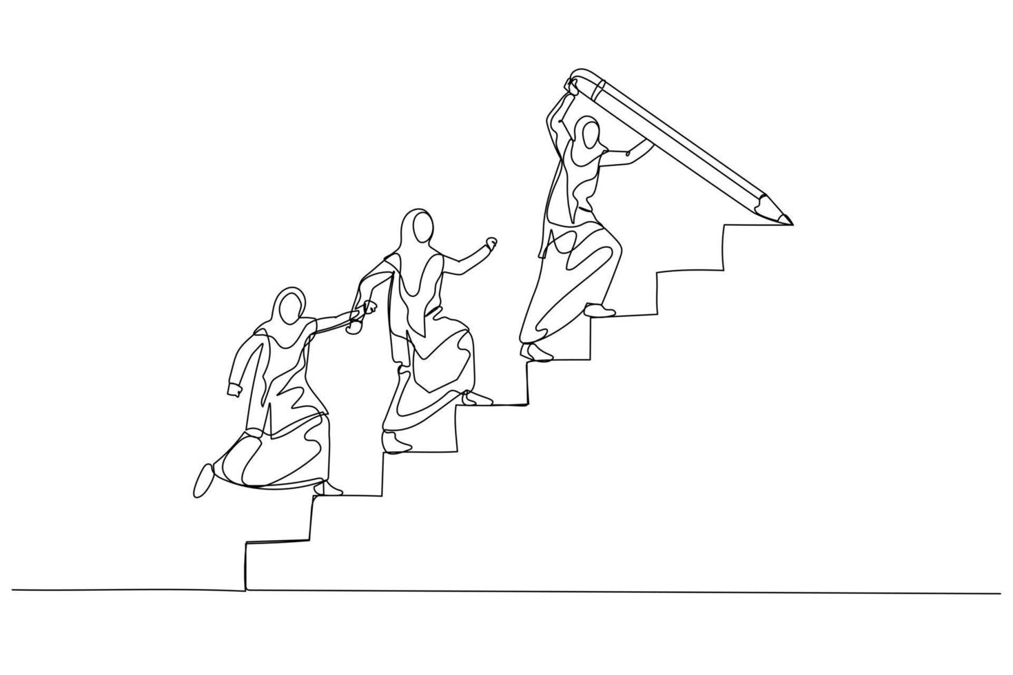 Drawing of muslim woman draw stair with pencil to lead team walk up leader guide team concept of growth. One continuous line art style vector