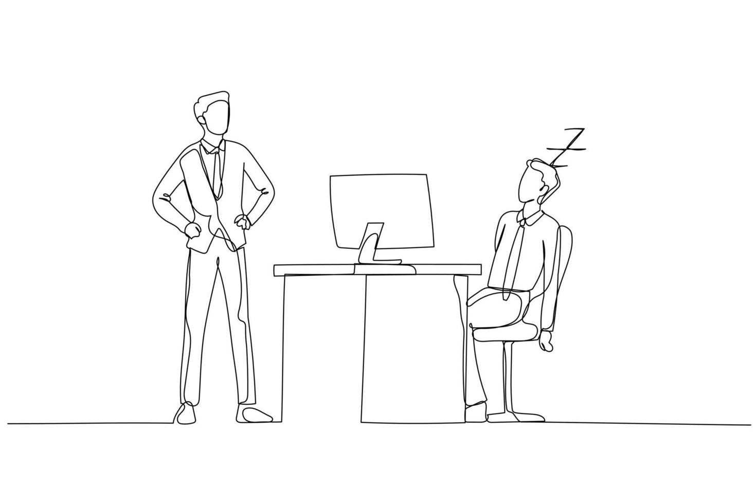 Drawing of businessman falling asleep at work time get caught by boss concept of slacking off. Continuous line art style vector