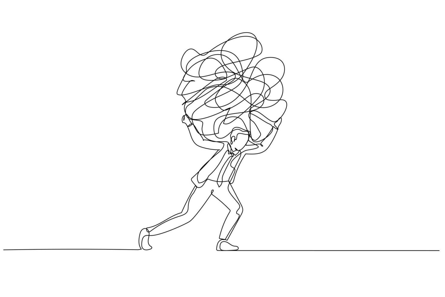 Illustration of businessman carrying heavy messy line on his back metaphor of stress from work. Single continuous line art style vector