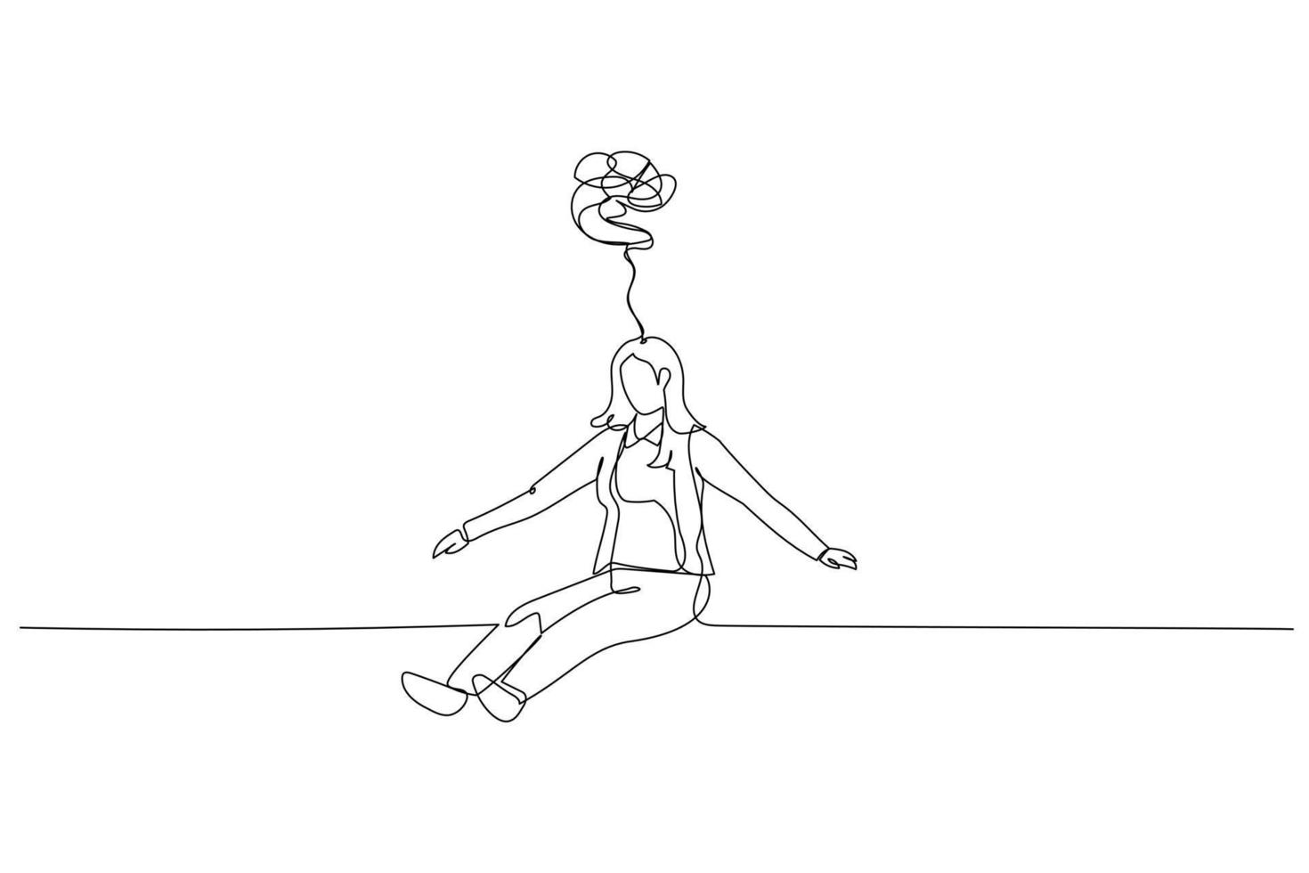 Illustration of businesswoman sad stressed drop in the floor. Continuous line art style vector