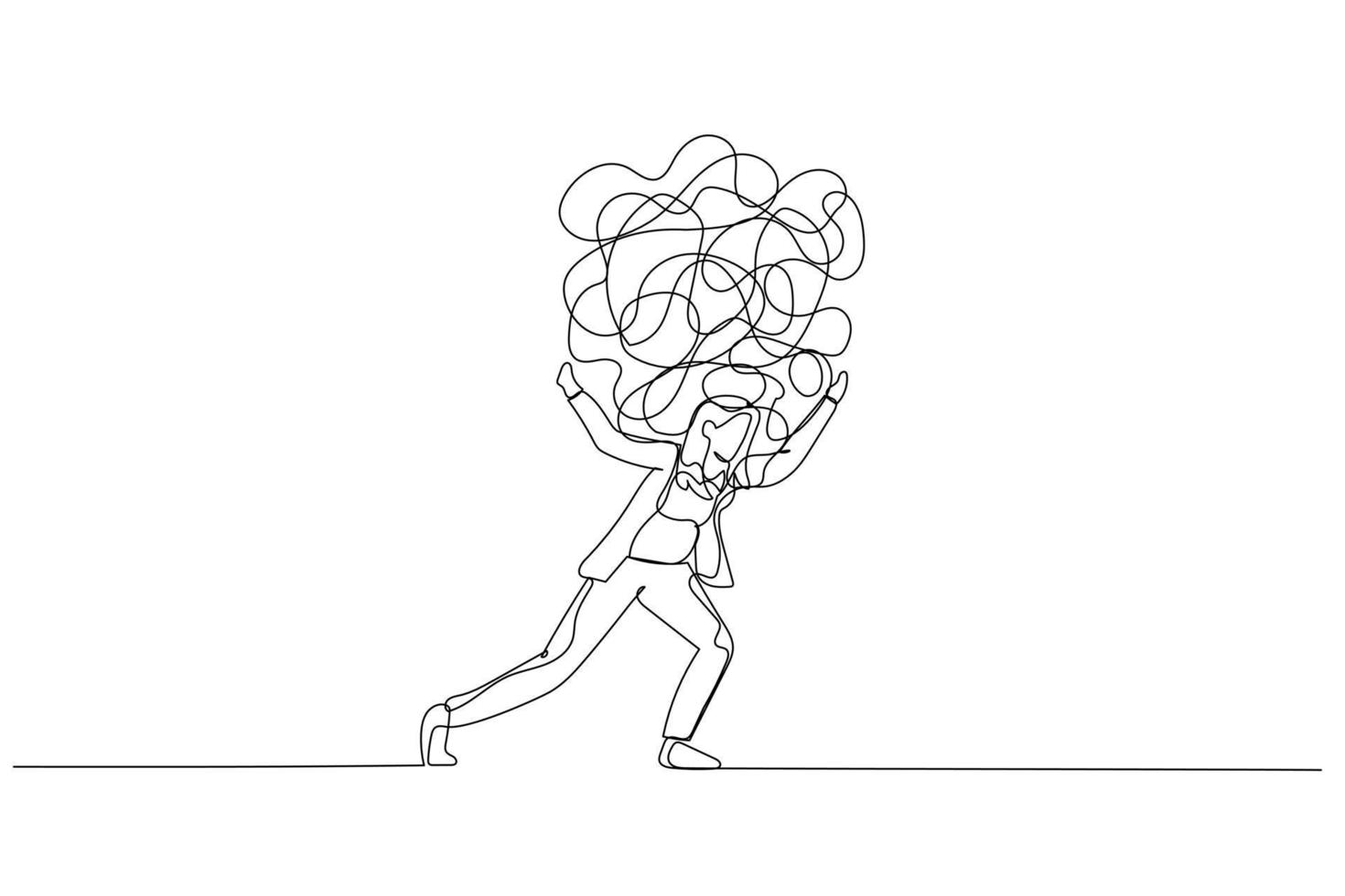 Cartoon of businesswoman carrying heavy messy line on his back metaphor of stress from work. One line art style vector