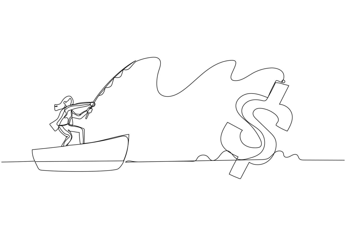 Drawing of businesswoman try to get fish fishing in the sea. One line style art vector