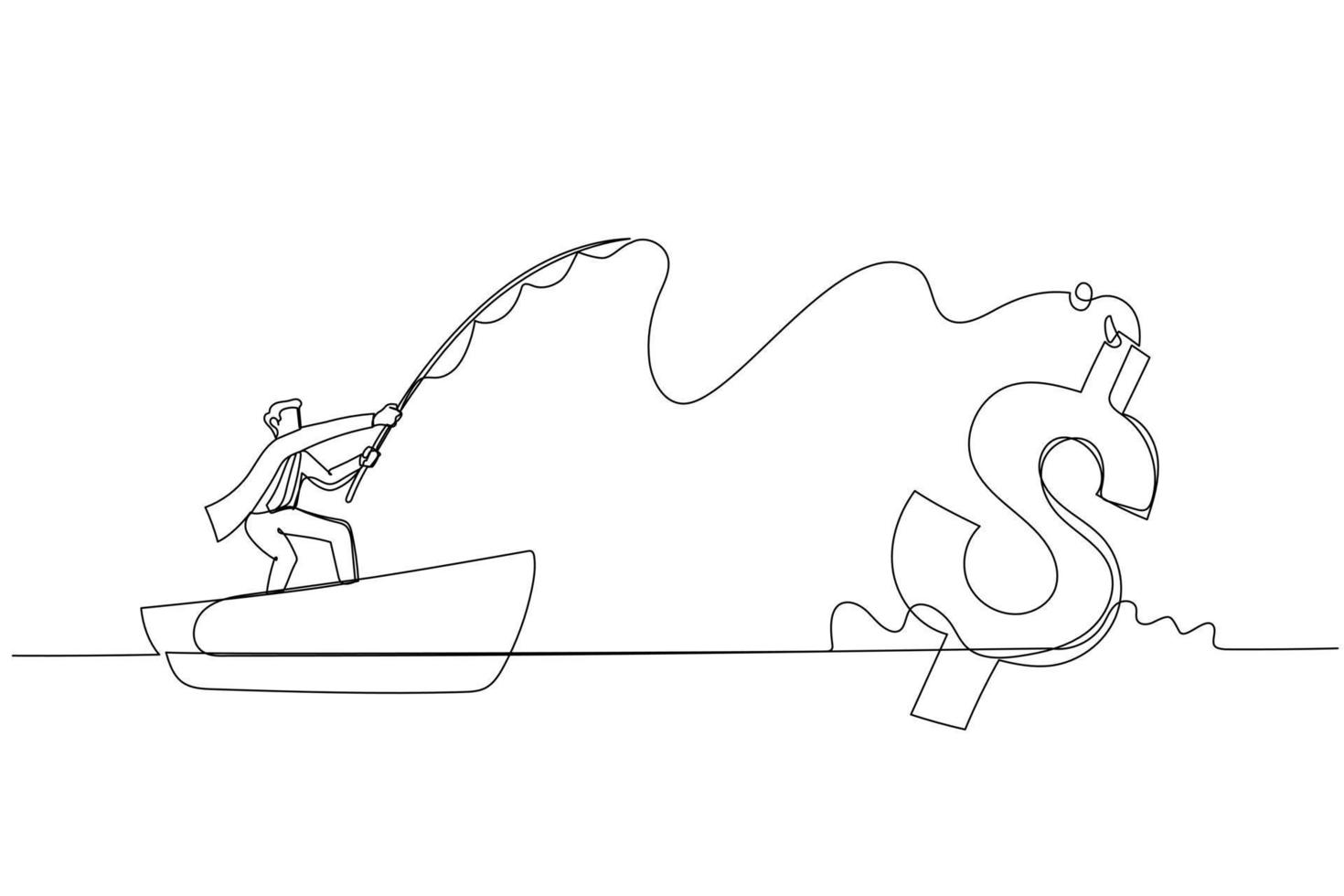 Drawing of businessman try to get fish fishing in the sea. Single continuous line art vector