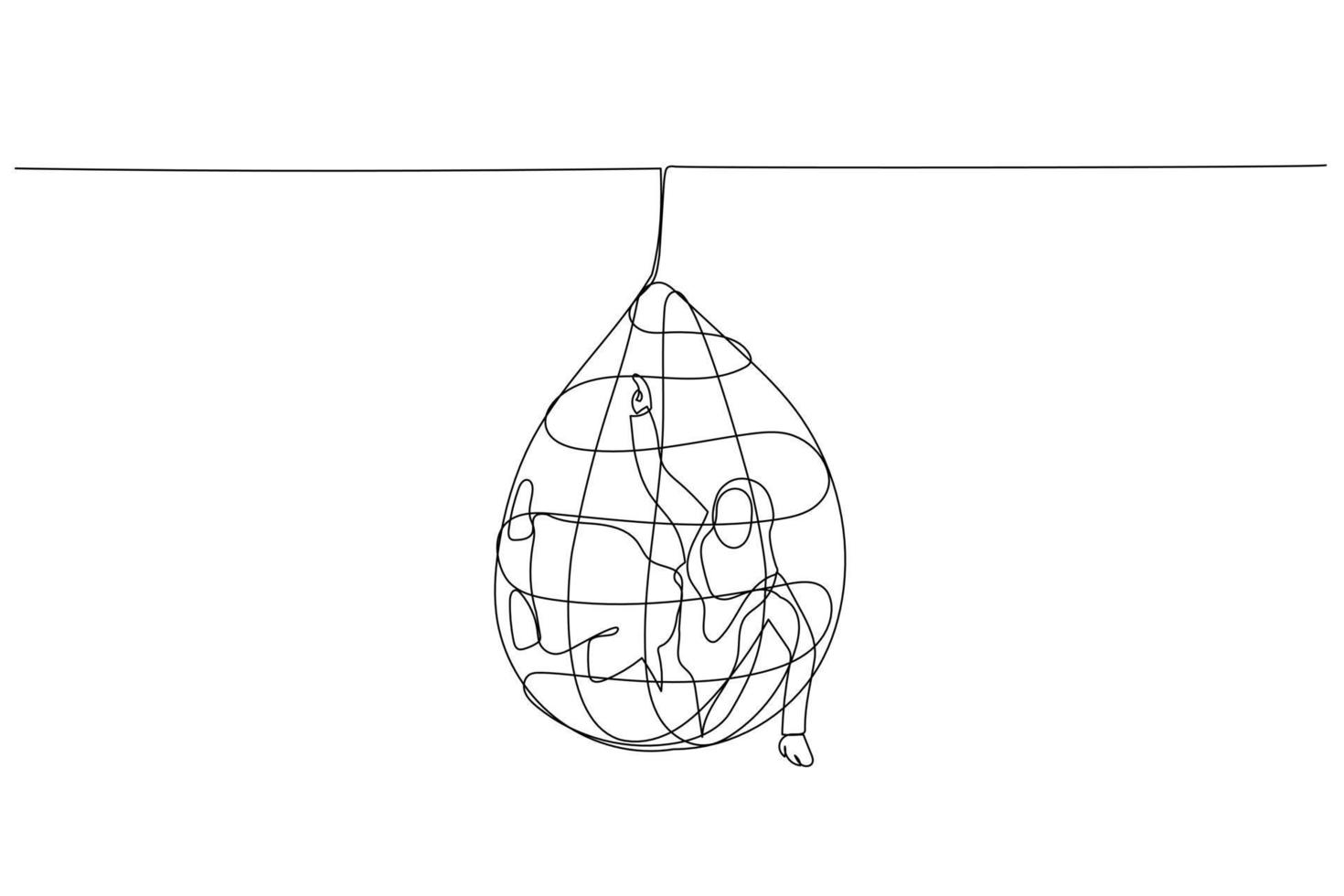 Drawing of muslim business woman tangled in net trap metaphor of business failure get caught. One line style art vector