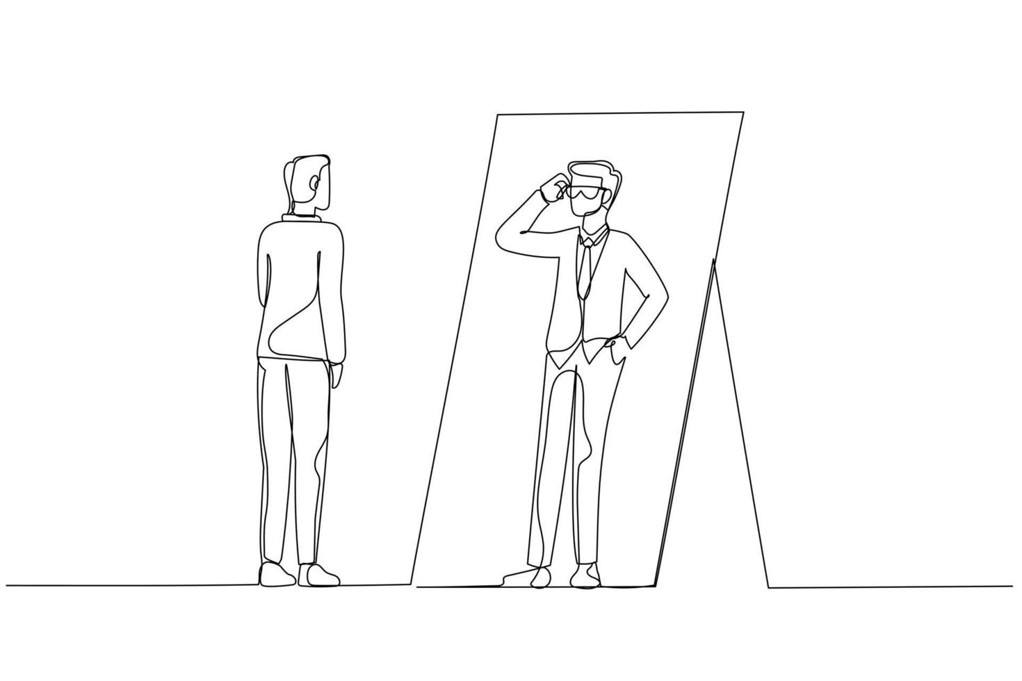 Drawing of businessman looking into self putting eyegless looking cool. Continuous line art vector