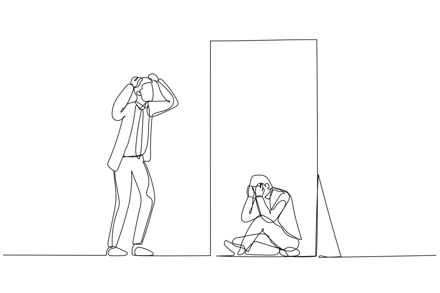 Drawing of businessman panic look into mirror seeing depressed self. Single continuous line art style vector