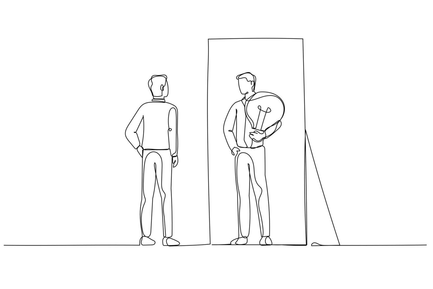 Drawing of businessman getting bright business idea solution after inner talk. Continuous line art style vector
