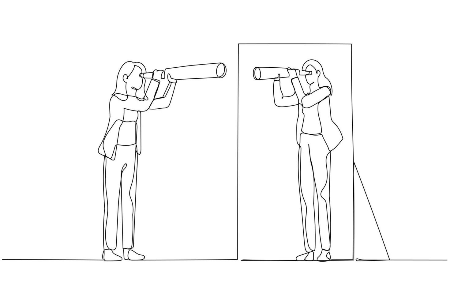Illustration of business woman holding telescope looking into self in mirror. Continuous line art vector