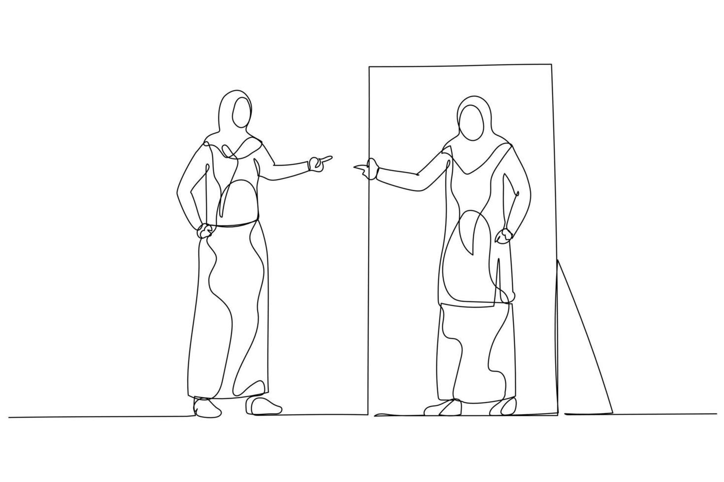 Cartoon of woman wear hijab in the reflection looked by casual version self. Single line art style vector