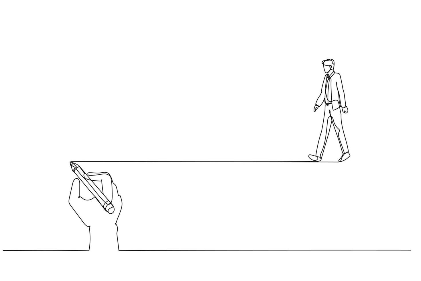 Drawing of businessman walking following on guide line written by man concept of guidance. Continuous line art vector