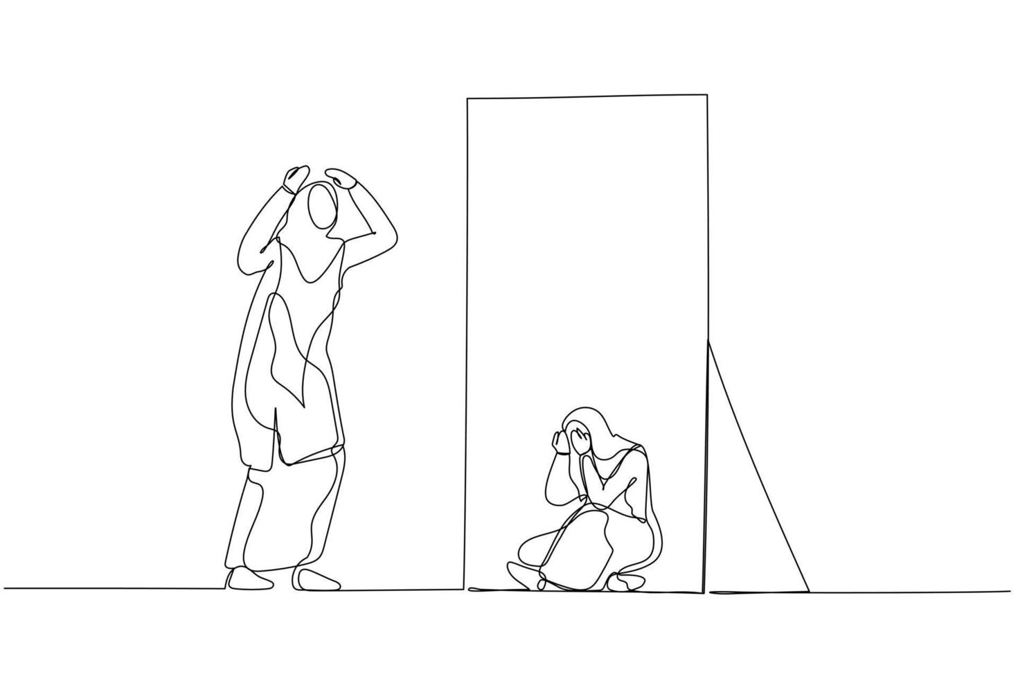 Cartoon of woman wear hijab panic look into mirror seeing depressed self. Single line art style vector