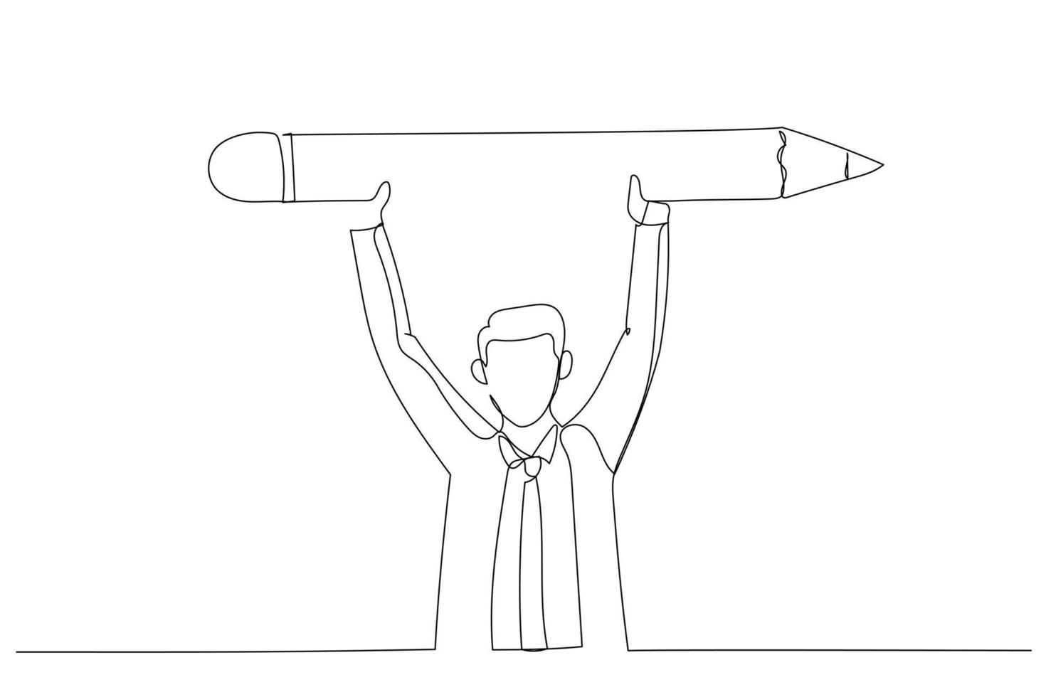 Cartoon of businessman raise big pencil concept of creativity and education. One line art style vector