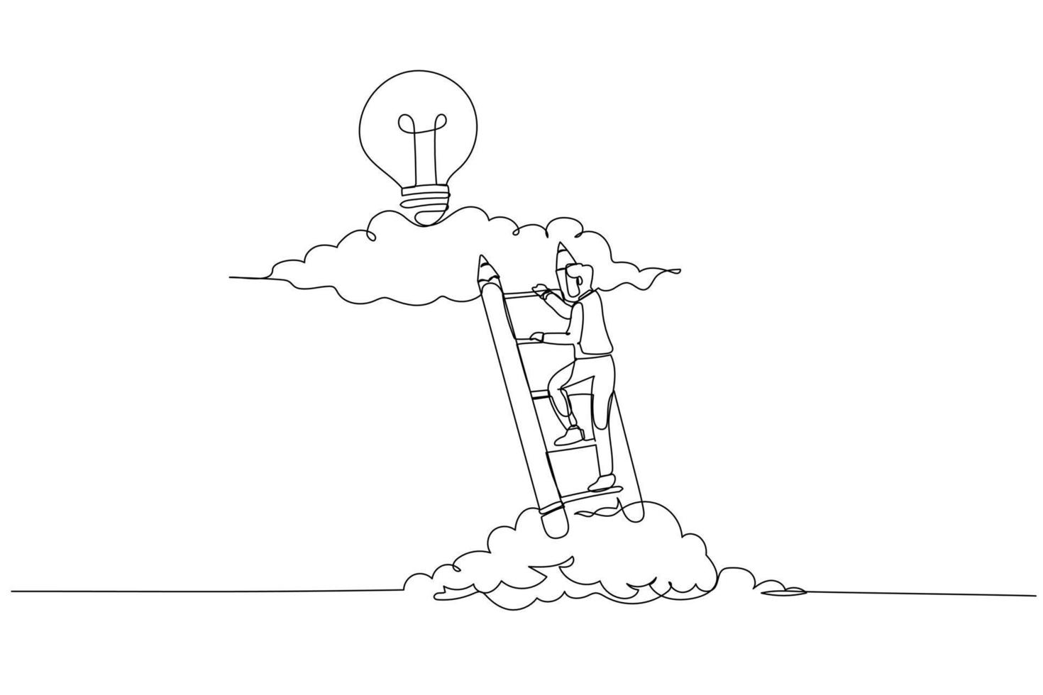 Illustration of businessman climbing ladder to upper cloud to find bright idea concept of creative inspiration. Single continuous line art style vector