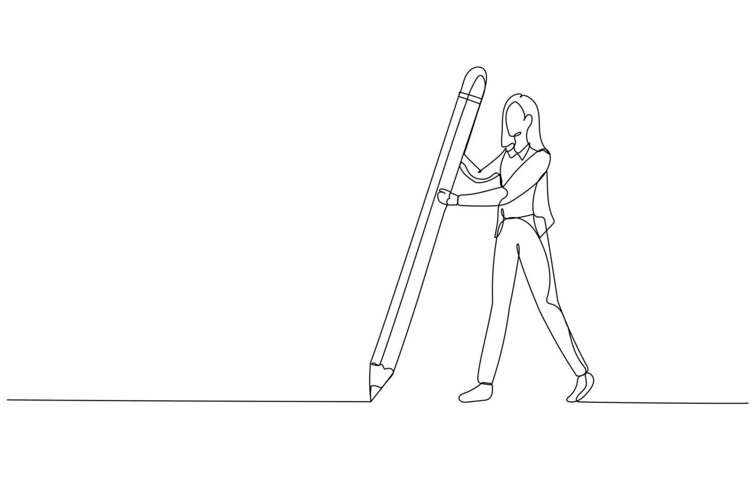 Illustration of businesswoman holding big pencil drawing the boundary line concept of privacy. Single continuous line art style vector