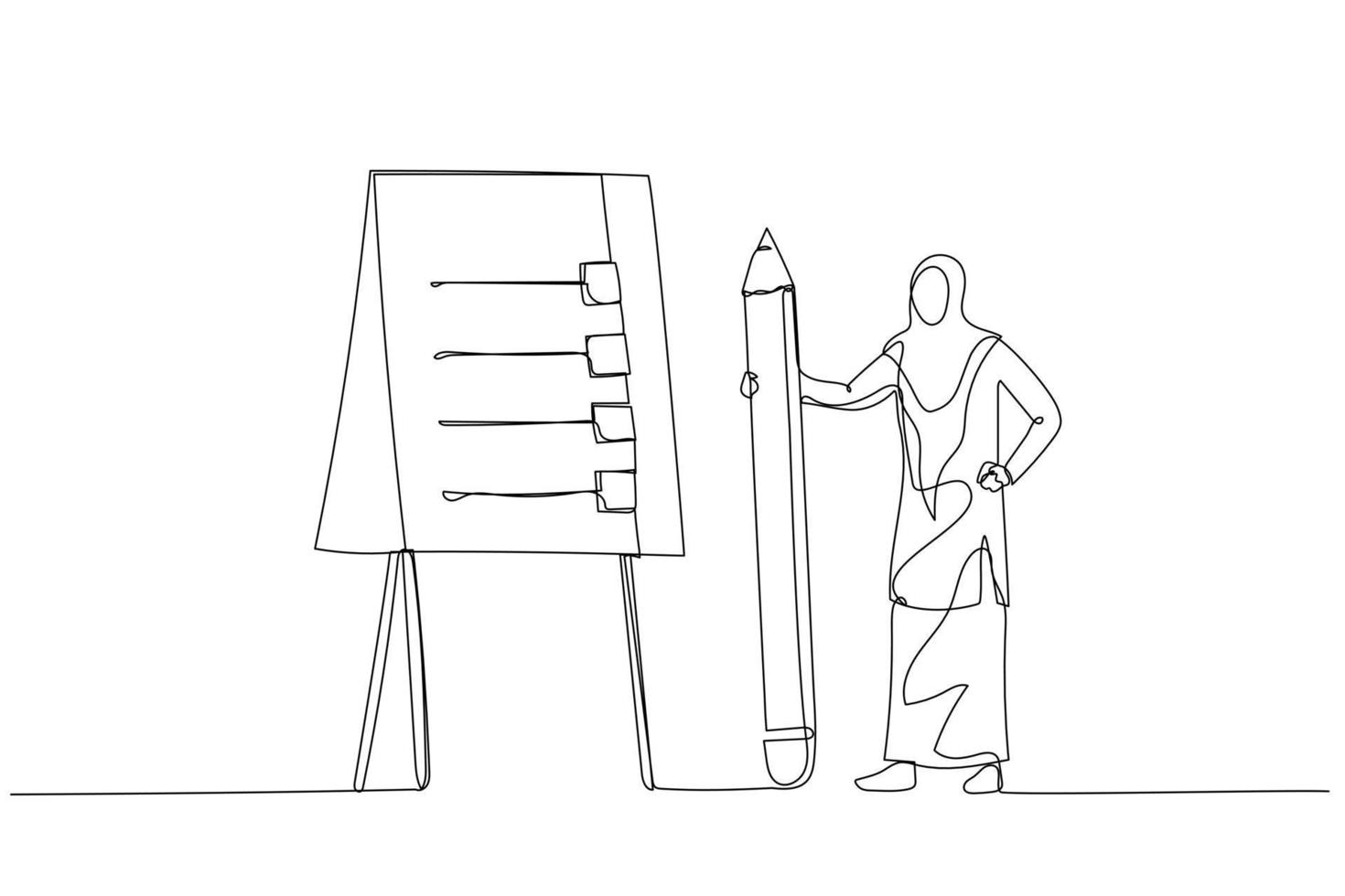 Drawing of muslim woman present action plan with checklist step on whiteboard concept of procedure. Continuous line art vector