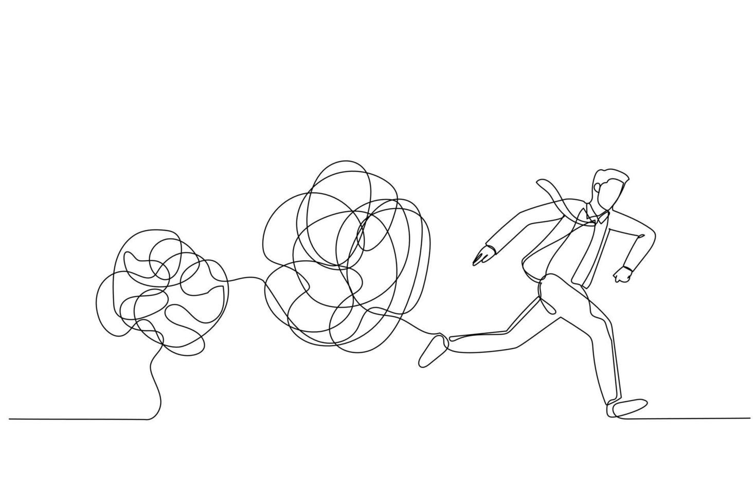 Drawing of businessman running away from tangled line ball concept of avoid problem. Single continuous line art style vector