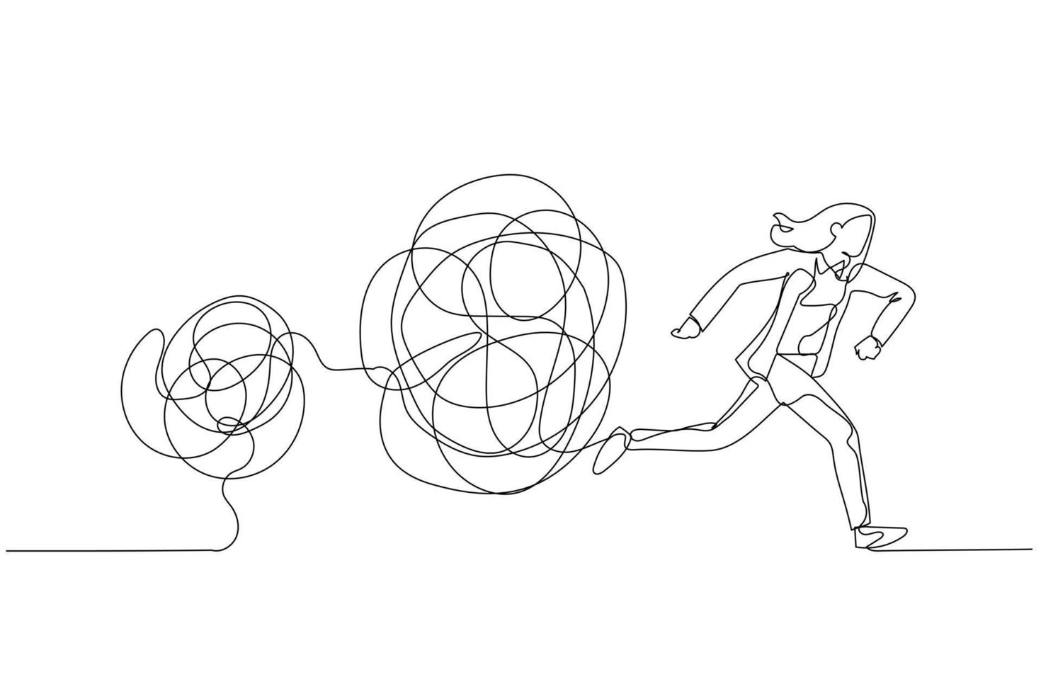 Cartoon of businesswoman running away from tangled line ball concept of ...