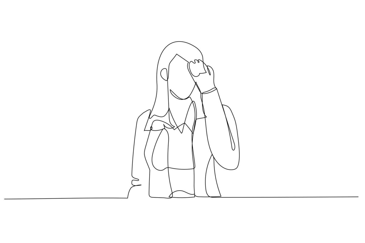 caricatura de una trabajadora de negocios estresada que siente dolor de cabeza exhausta e infeliz. estilo de arte de una sola línea vector