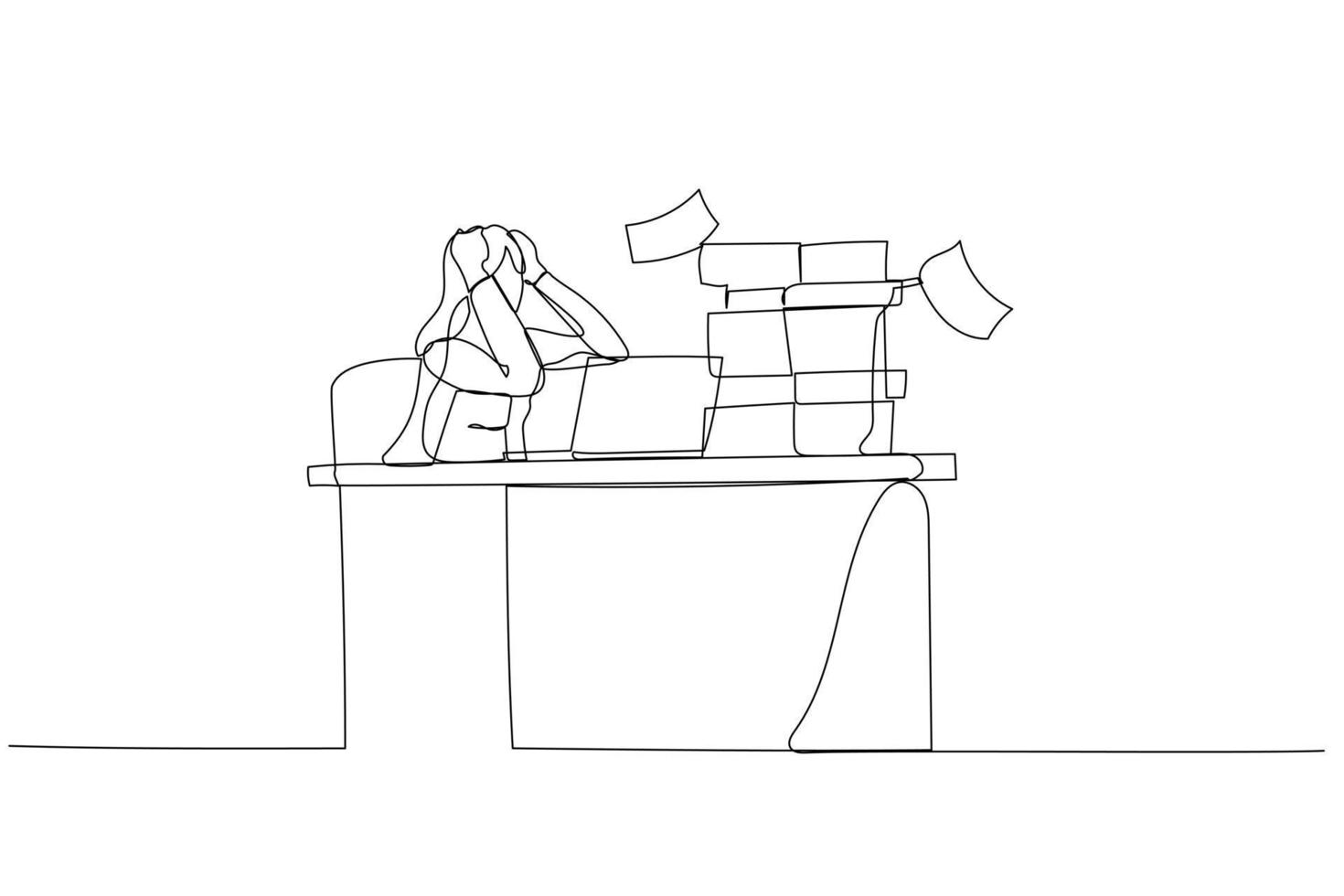 Drawing of businesswoman frustated sitting on office busy desk concept of overwhelmed. One line style art vector