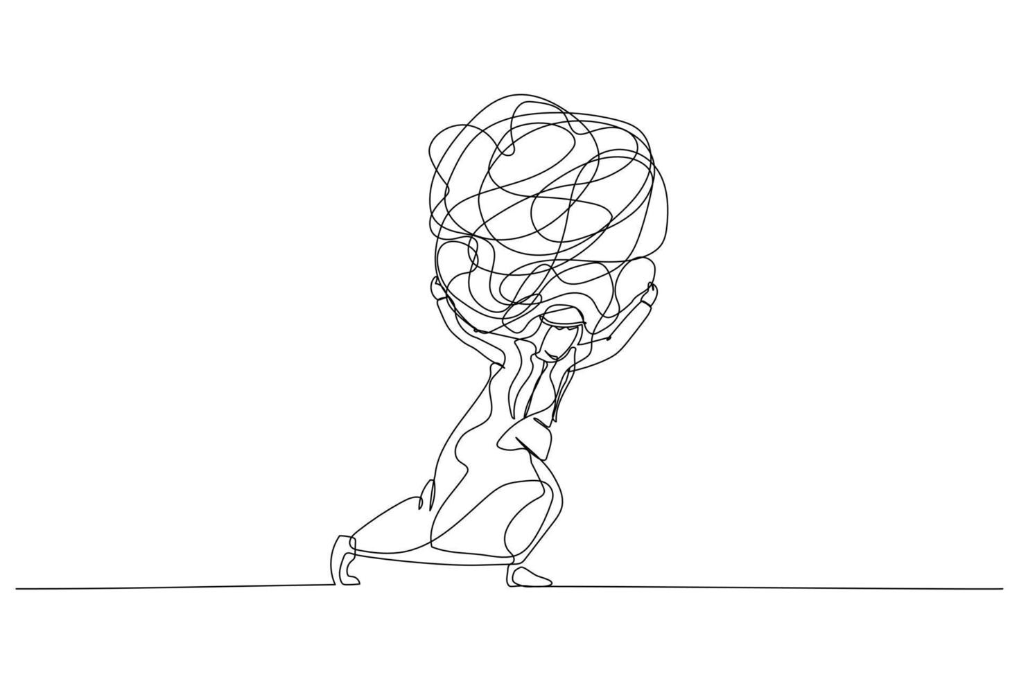 Drawing of arab man carrying heavy messy line on his back metaphor of stress from work. Single continuous line art style vector