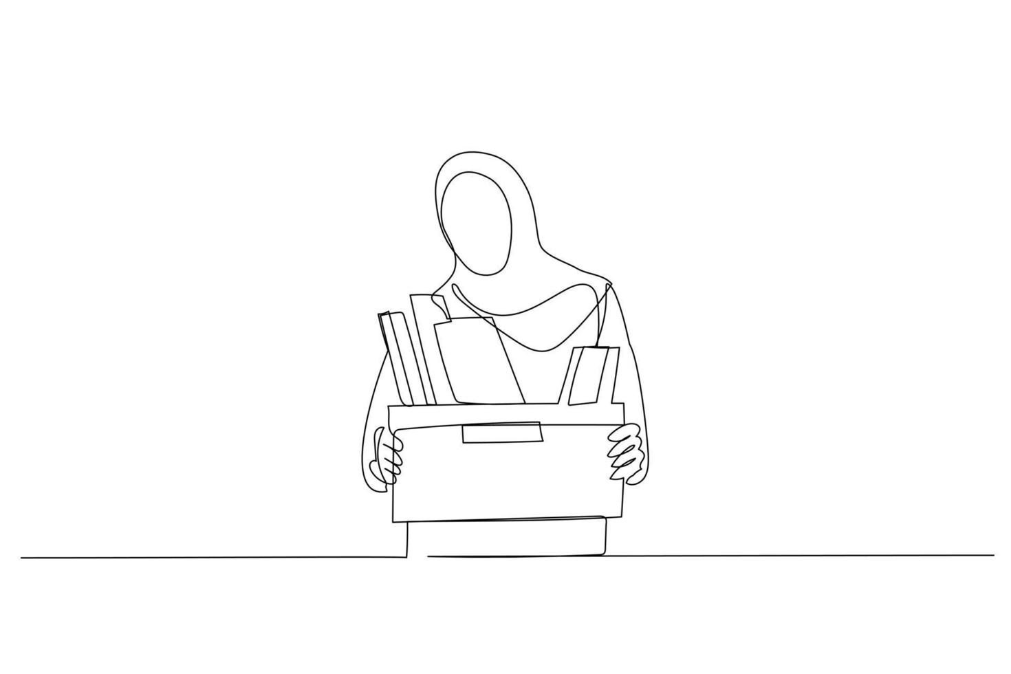 Illustration of stress muslim woman stand holding box full of belonging after being fired. Single continuous line art style vector
