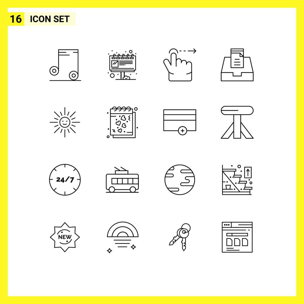 Pack of 16 creative Outlines of date sun gesture light mailbox Editable Vector Design Elements