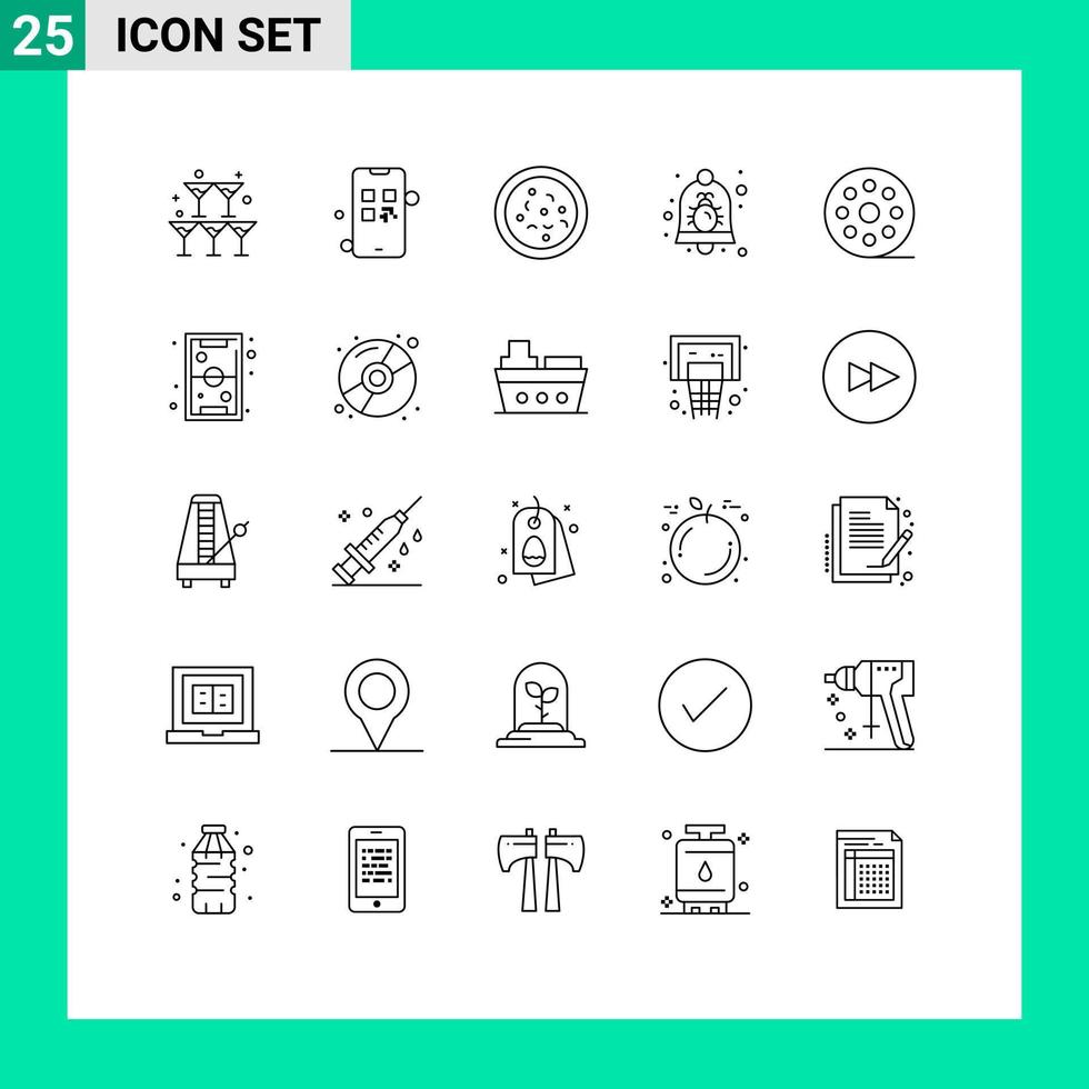 paquete de línea de 25 símbolos universales de alarma de notificación de pizza de seguridad de película elementos de diseño vectorial editables vector